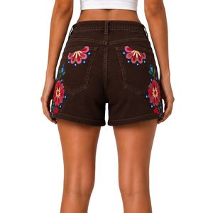 Womens Brown Floral Printed Denim <b>Shorts</b> <b>High</b> <b>Waist</b> Casual Summer <b>Jean</b> <b>Shorts</b> Custom Embroidered Fashion OEM Manufacturer - Product Image 2