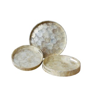 Bandeja Redonda de Mosaico de Nácar con Asas Recortadas, Decoración de Mesa de Piedra Beige Natural para Almacenamiento - Product Image 3