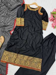 <b>Women</b> Traditional Black Slub Reyon Floor-Length <b>Kurta</b> Embroidered Sleeves Neckline Loose Fit Casual Wear Quick Dry Digital - Product Image 6