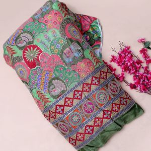 Royal Elephant Motif Silver <b>Sequined</b> Peacock Palm Tree Floral Scallop Arches Jharokha <b>Art</b> Design Geometric <b>Sequined</b> Border Crepe - Product Image 2