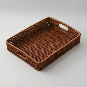 Plateau en rotin classique rétro rustique, grand rectangulaire, pour hôtel, restaurant, jardin, antidérapant, plateau de service pour le petit-déjeuner et les aliments - Product Image 4