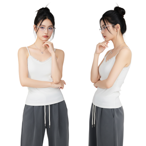 Débardeur côtelé doux pour femme, style féminin, avec volants, bretelles spaghetti, tissu extensible doux, respirant, séchage rapide, personnalisable, vente en gros - Product Image 1