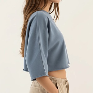 Women's Blue Crop <b>Top</b> Drop Shoulder Crew Neck Slim Fit Casual Solid Color Half Sleeve Knitted Flannel Print Appliques T-Shirt - Product Image 2