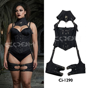 Underbust Steelboned <b>Gothic</b> And Steampunk Black Denim <b>Corset</b> With Neck And Leg Harness - Product Image 5