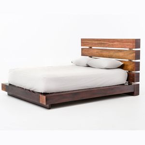 Cadre de lit plateforme en teck massif de qualité supérieure avec tête de lit à lattes - Product Image 1