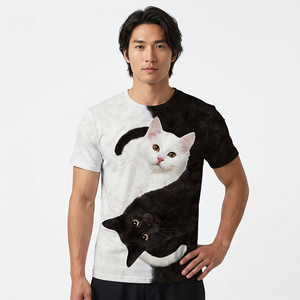 เสื้อยืดแขนสั้นพิมพ์ลายแมวสีดำขาวสำหรับผู้ชาย คอกลม ทรงปกติ สวมใส่สบาย พิมพ์ลายดิจิทัล ผ้าโพลีเอสเตอร์ถัก - Product Image 5