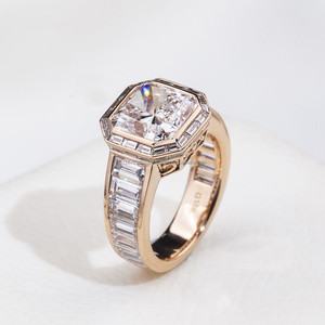 Yellow Gold Asscher Cut Lab Diamond Engagement Ring with Sparkling Side Stones Classic Vintage Style Bridal Ring <b>Gift</b> for Her - Product Image 2