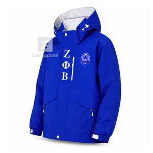 Chaqueta Impermeable Personalizada de la Hermandad Zeta Phi Beta, Azul y Blanca, de Poliéster, Manga Larga, Cierre Frontal con Cremallera, Logotipo Bordado - Product Image 2