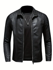 Blouson moto en cuir noir pour homme, col montant, fermeture éclair sur le devant, coupe ajustée, couleur unie, manches classiques, style motard, pour l'automne - Product Image 6