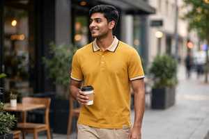 Chemise décontractée à manches longues pour homme, tricotée, imprimée par transfert thermique, rayée, jaune moutarde, col boutonné, 200g, teinte en fil - Product Image 5