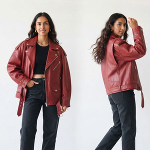 Veste en cuir pour femme, style hiver, manches longues, en cuir véritable, veste de motard, col zippé rabattable, haut en cuir - Product Image 5