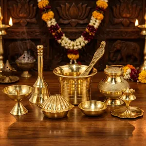 Ensemble traditionnel de thali en laiton pour la puja avec porte-diya, porte-encens, boîte à kumkum, bols et accessoires décoratifs pour mandir - Product Image 6