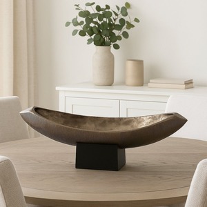 Moderna Tazón Decorativa de Bronce con Forma de Barco, Base de Pedestal Negra, Centro de Mesa Ecológico para Fiestas, Elegante y Ovalado Alargado - Product Image 4