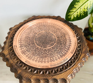 Plateau de service vintage en cuivre martelé avec motif gravé, plateau rond décoratif plaqué, plateau à café multi-usages, plateau alimentaire de cuisine - Product Image 3