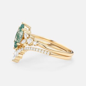 Ensemble de bagues de fiançailles et d'anniversaire de luxe en or massif 14 carats, avec agate mousse taille marquise unique, grappe de moissanite rose et design incurvé fait main - Product Image 4