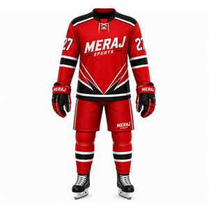 Ensemble d'uniformes de hockey sur glace personnalisés – Maillot de hockey rouge, short, chaussettes et gants – Fabricant de vêtements de sport d'équipe – Fournisseur OEM en gros - Product Image 1