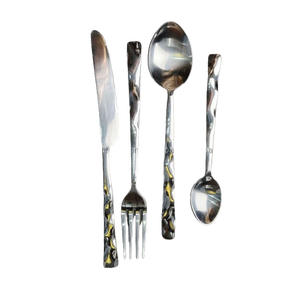 Ensemble de couverts en 4 pièces avec incrustation de motif écaille de tortue, comprenant un couteau à dîner, une fourchette à dîner, une cuillère à soupe et une cuillère à café - Product Image 1