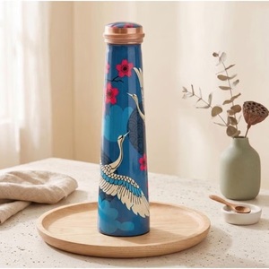Oriental Style <b>Metal</b> <b>Water</b> <b>Bottle</b> With Crane And Floral Design Copper Lid Portable Travel Drinkware - Product Image 1