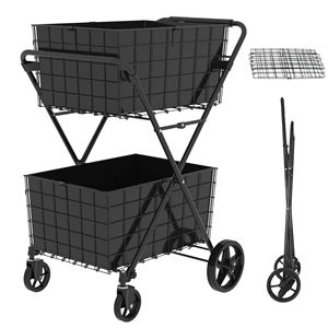 Chariot de courses pliable à 2 niveaux sur roues, chariot utilitaire à double panier avec rotation à 360 degrés - Product Image 1