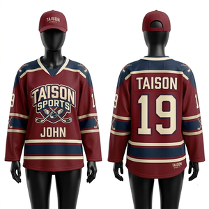 Maillot de hockey sur glace pour femmes de qualité supérieure, en maille polyester GSM, bordeaux et bleu marine, avec empiècements aux épaules, logo brodé personnalisé. - Product Image 1