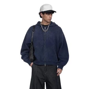 <b>Men</b> <b>Navy</b> Blue Zip Up <b>Hoodie</b> with Adjustable Drawstring Hood Long Sleeve Casual Sweatshirt for Custom Streetwear Clothing - Product Image 4