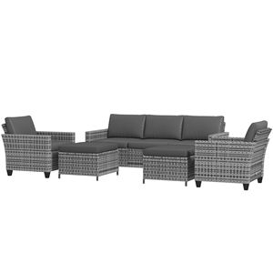 Set di Mobili da Esterno in Rattan Grigio, 5 Pezzi, Elegante Divano a Tre Posti con Poltrone e Poggiapiedi per Giardini - Product Image 1
