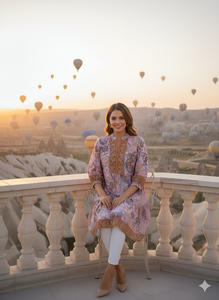 Tunique à imprimé floral pour femmes, rose, en polyester, design à plusieurs niveaux avec col mandarin, manches trois quarts, vêtement décontracté de style occidental - Product Image 2