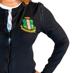 Black Pearled Button <b>Cardigan</b> Women Embroidered Crest Long Sleeve Knit Sweater Pearl Button Front Casual Fashion Ladies - Product Image 5