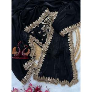 Sari de soirée de créateur avec tissu à paillettes et broderie en cordon, look élégant - Product Image 5