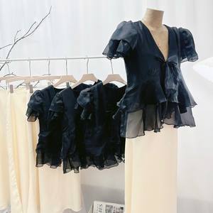 Conjunto de Dos Piezas para Mujer, Blusa Elegante de Gasa Transparente con Peplum y Falda Larga, Transpirable y Ecológico - Product Image 6