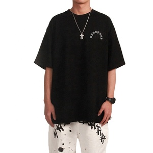Wholesale Eco-Friendly Breathable Heavyweight 100% Cotton Men's T-Shirt Custom Black Oversized <b>Drop</b> Shoulder Rhinestone Design - Product Image 4