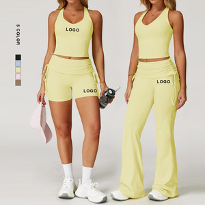 Ensemble de yoga jaune 2 pièces pour femme : haut court taille haute avec short froncé et pantalon, tenue de sport sans couture à col en V et sans manches - Product Image 5