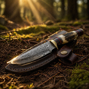 Couteau de camping Skinner en acier Damas fait main, manche en corne, étui en cuir, qualité DIY, OEM disponible, 10 pouces, pointe clip. - Product Image 5