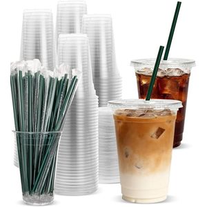 Lot de 100 gobelets jetables transparents de 16 oz avec couvercles et pailles vertes, gobelets pour boissons froides et café glacé, en plastique de qualité alimentaire - Product Image 1