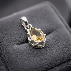 Rayos del sol naciente, vibraciones positivas brillantes, citrino amarillo, buen día, colgante de plata de ley 925 con forma de gota de agua - Product Image 2