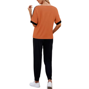Women's Orange Black Color Block Tracksuit Short Sleeve Crew Neck Loose Fit Ankle-Length <b>Pants</b> Side Pockets Elastic Waist - Product Image 2