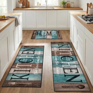 Turquoise Teal Non-Slip Kitchen Rug Set 3 Farmhouse Wood-Style Area Runners Washable Vintage Rustic Kitchen Mats - Product Image 4