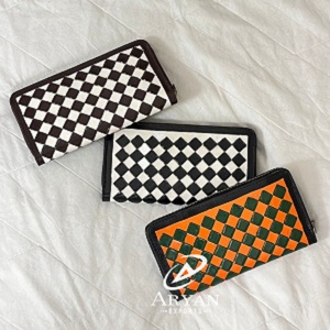 Hot Selling 2026 Hand Tooled Genuine Cowhide Leather <b>Wallet</b> Zipper Checkered Pattern <b>Ladies</b> Long Multi Card Holder High Quality - Product Image 1