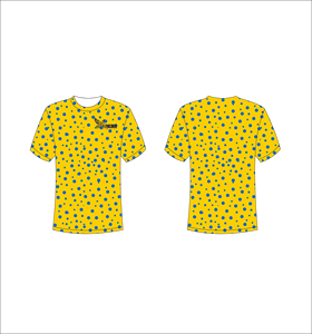 T-shirt personnalisé sublimé, imprimé intégral, motif à pois jaune doré et bleu, unisexe, col rond, respirant, en polyester, Ferocious Clothing - Product Image 1