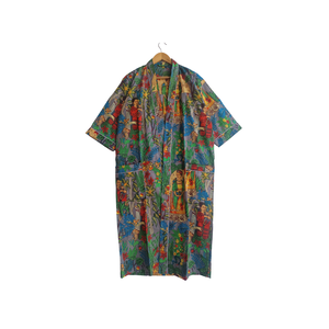 Robe kimono en coton faite à la main pour femme, col en V, manches longues, vêtement de nuit long, robe de nuit avec passepoil contrastant, 2 poches sur le devant - Product Image 1