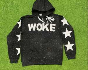 Sweat à capuche zippé unisexe noir en coton French Terry, coupe décontractée, personnalisé, délavé à l'acide, effet vieilli, broderie et strass - Product Image 1