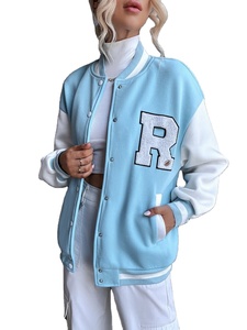 Customized Chenille Embroidery Women's Baseball <b>Jackets</b> Solid Color Breathable Cotton Fleece Wool <b>Varsity</b> Letterman Style - Product Image 4
