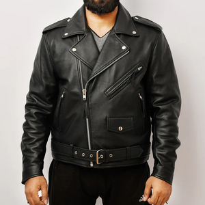 Men's Genuine Leather Motorcycle Jacket Black <b>Turn</b>-down Collar Zipper Closure Regular Fit Biker Style Autumn Wear - Product Image 2