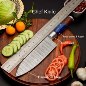 Juego de Cuchillos de Chef de Acero de Damasco Hechos a Mano, 5 Piezas, Hoja Recta, Ambidiestros, Mangos de Resina y Madera de Palisandro, Longitud de Hoja de 5 Pulgadas - Product Image 4