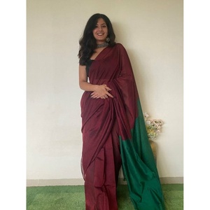 Sari en coton Khadi tendance uni avec blouse non cousue, couleur bordeaux - Product Image 1