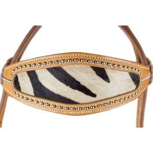 สายรัดศีรษะหนังลายม้าลายแบบมีขน – สายรัดศีรษะหนังแบบตะวันตกสองชั้นพร้อมลายตกแต่ง ผู้ผลิตขายส่ง OEM - Product Image 3