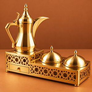 Golden Arabic Dallah <b>Coffee</b> <b>Set</b> with Decorative Stand MiddleEast Style Metal Tea Maker Durable Design - Product Image 2