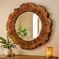 Modern Eco-Friendly Wooden Reclaimed Round <b>Wall</b>-Mounted Framed <b>Hanging</b> <b>Mirror</b> for Vestibule Living Room & Entryway - Product Image 1