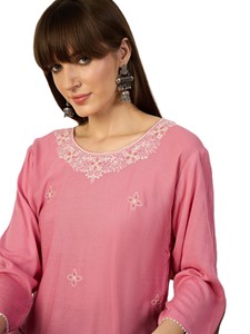 Women's Pink Cotton Viscose Embroidered Kurta with Floral Details Regular Fit Casual Top Quick Dry India Pakistan Style - Product Image 3