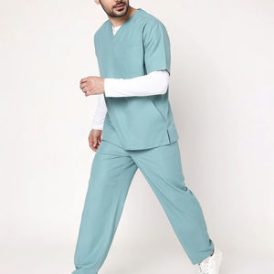 Ensemble de blouses médicales unisexe deux pièces en tissu tricoté, haut à manches courtes avec poches plaquées, pantalon droit avec taille à cordon de serrage - Product Image 2